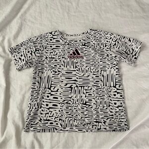 Adidas AOP Shirt Youth MEDIUM 10-12 White Black Graphic Kids All Over Print TEE